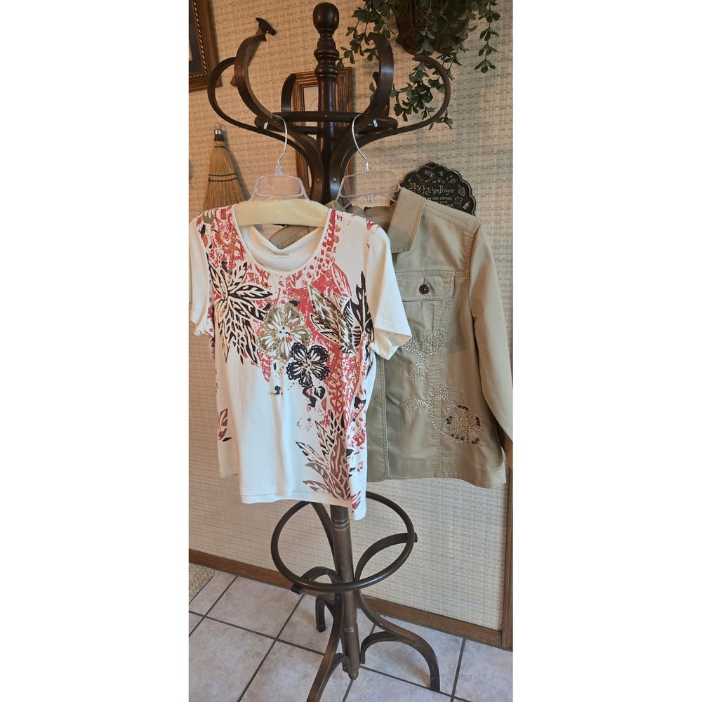 Tanjay Womens Khaki Beaded Jacket and Floral Graphic Tee Set Size 8 Small